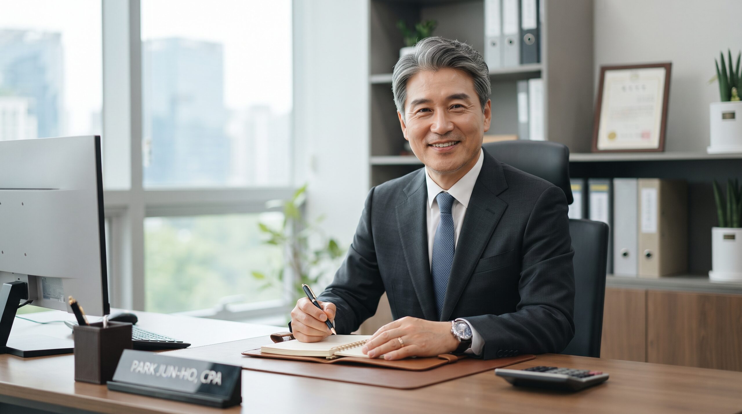 개인세무조사 대응 전문 세무사이자 50대 중반의 동양인 남성이 깔끔한 네이비색 정장을 입고 은은한 미소를 짓는 중