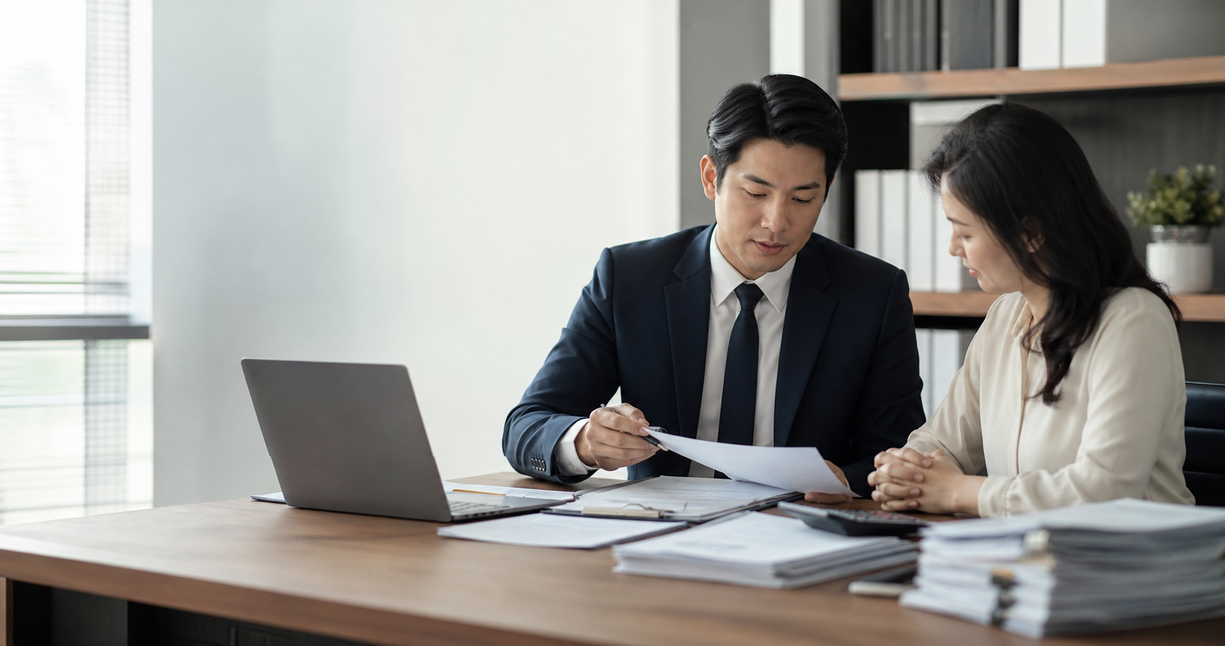 세무조사 대응 세무사와 사업자가 신고자료를 검토하는 모습
