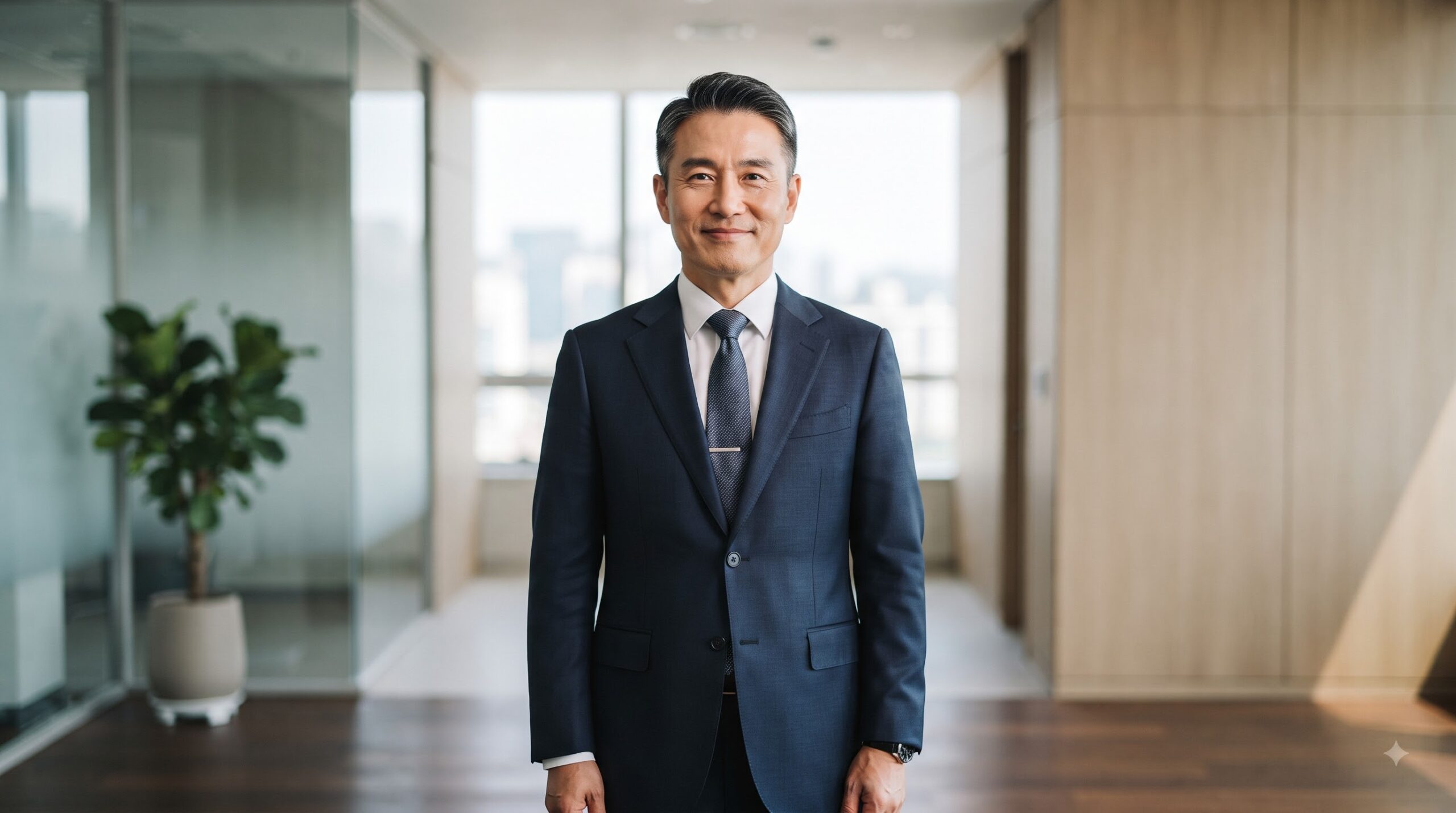 세무조사 대응 전문 50대 중년 한국인 남성 세무사가 깔끔한 네이비색 정장을 입고 정면을 응시 중